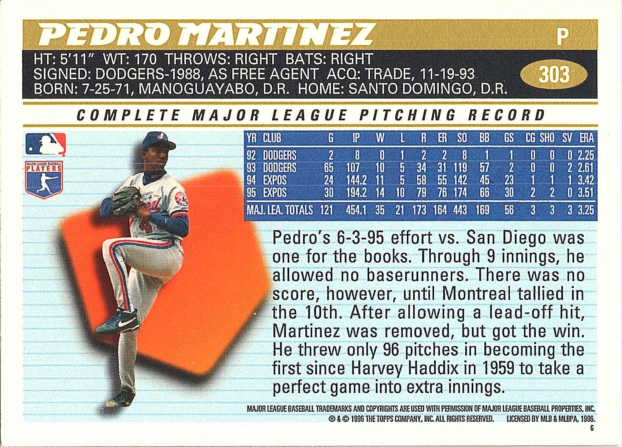 1996 Topps Pedro Martinez #303 Montreal Expos Excellent