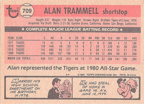 1981 Topps Alan Trammell #709 Detroit Tigers Excellent