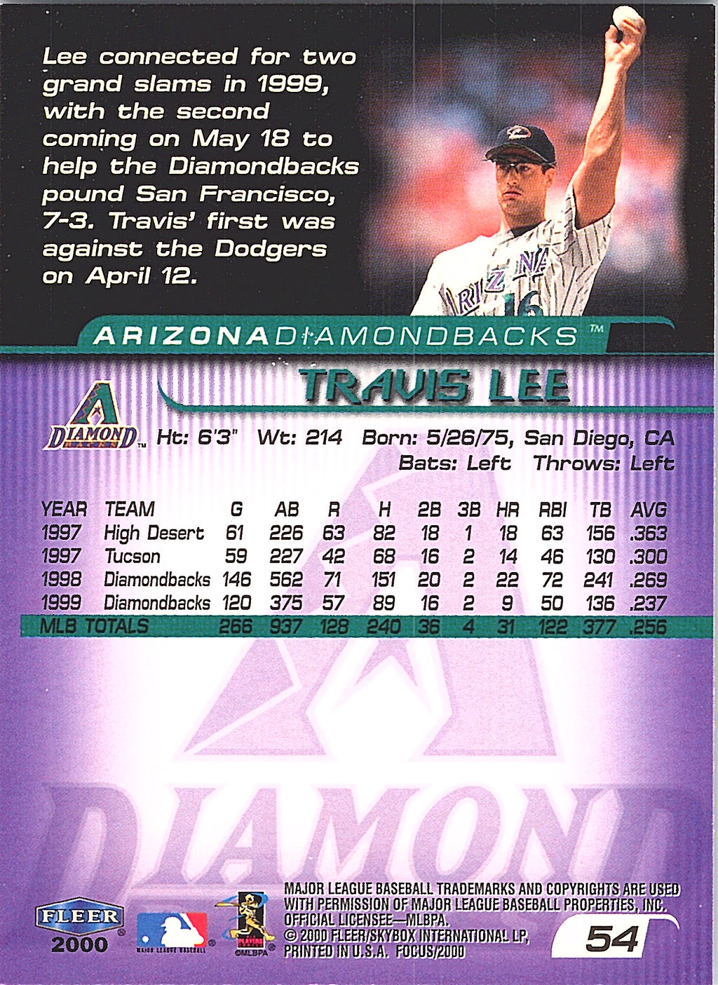 2000 Fleer Focus Travis Lee #54 Masterpiece Mania Arizona Diamondbacks Excellent