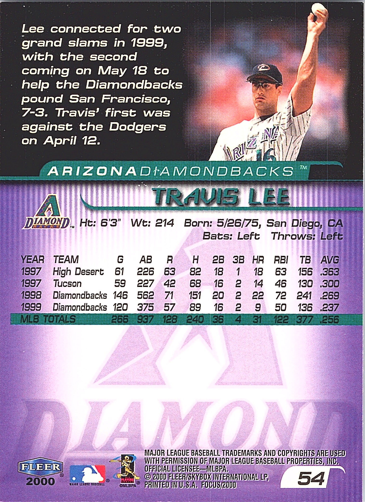 2000 Fleer Focus Travis Lee #54 Masterpiece Mania Arizona Diamondbacks Excellent