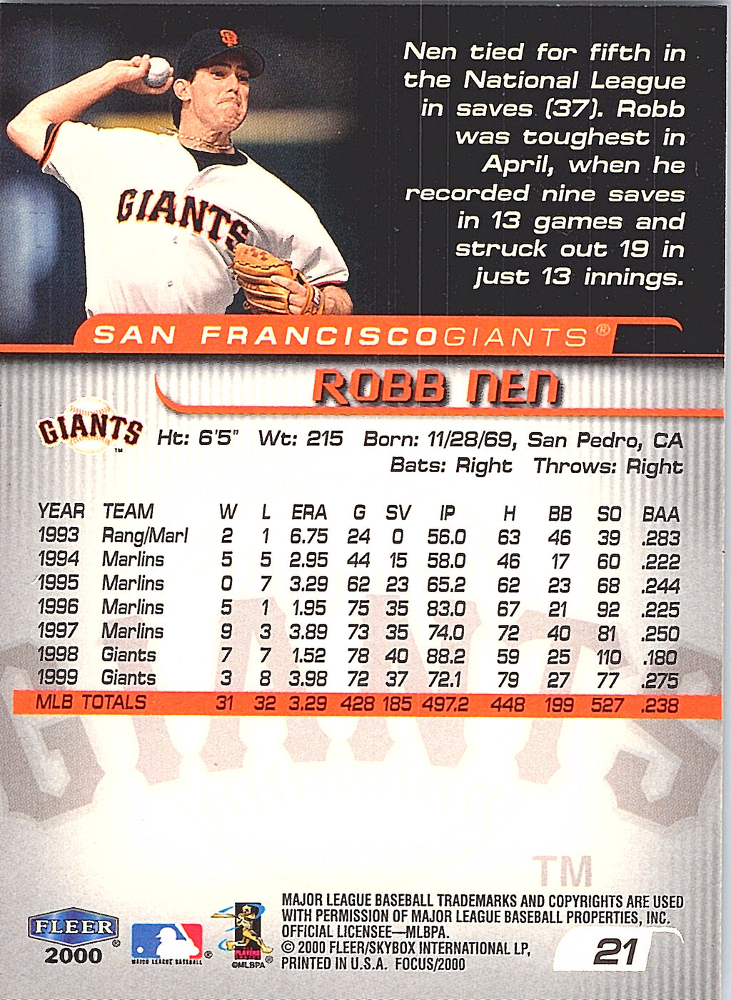 2000 Fleer Focus Robb Nen #21 Masterpiece Mania San Francisco Giants Excellent