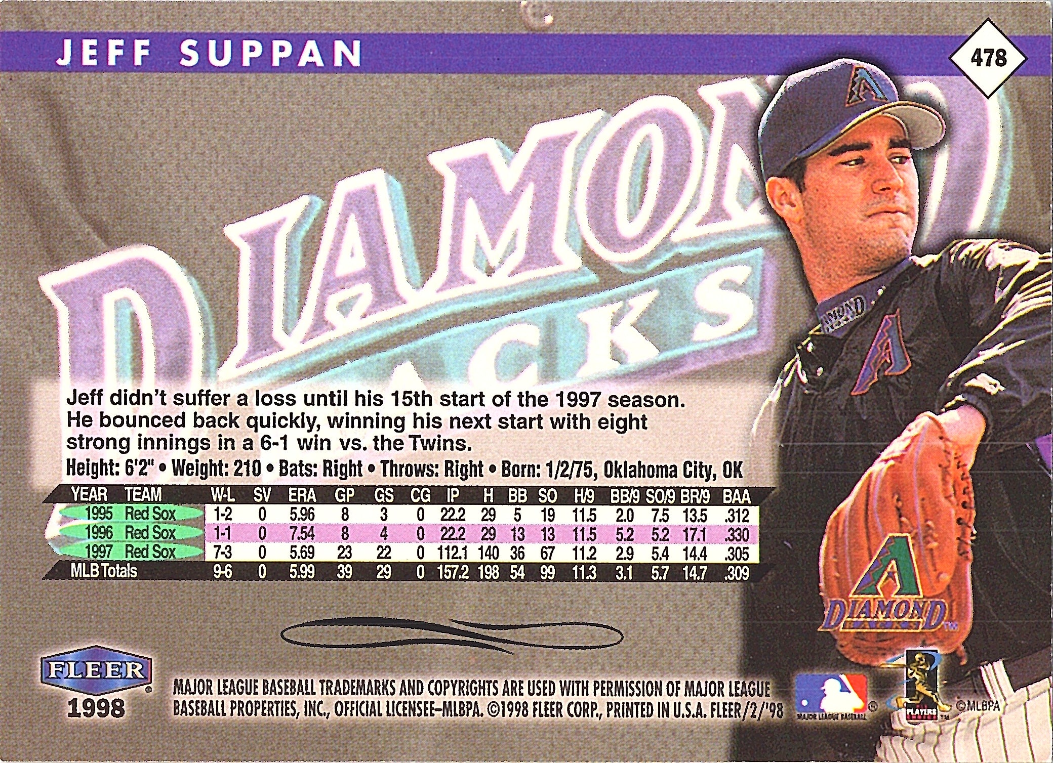 1998 Fleer Tradition Jeff Suppan #478 Arizona Diamondbacks Excellent