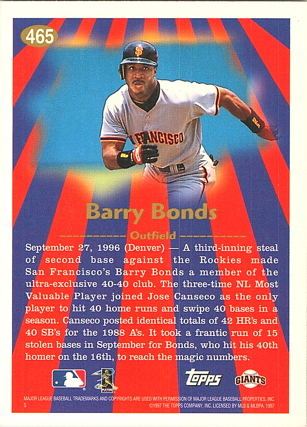 1997 Topps Barry Bonds #465 San Francisco Giants Excellent