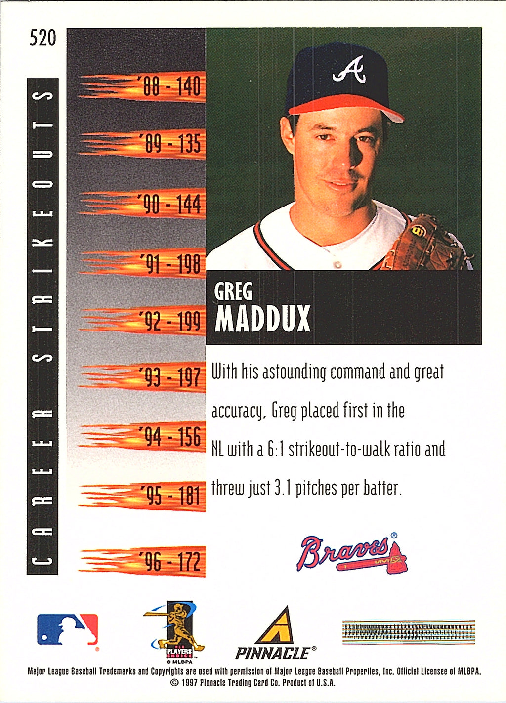 1997 Score Greg Maddux #520 Atlanta Braves Excellent