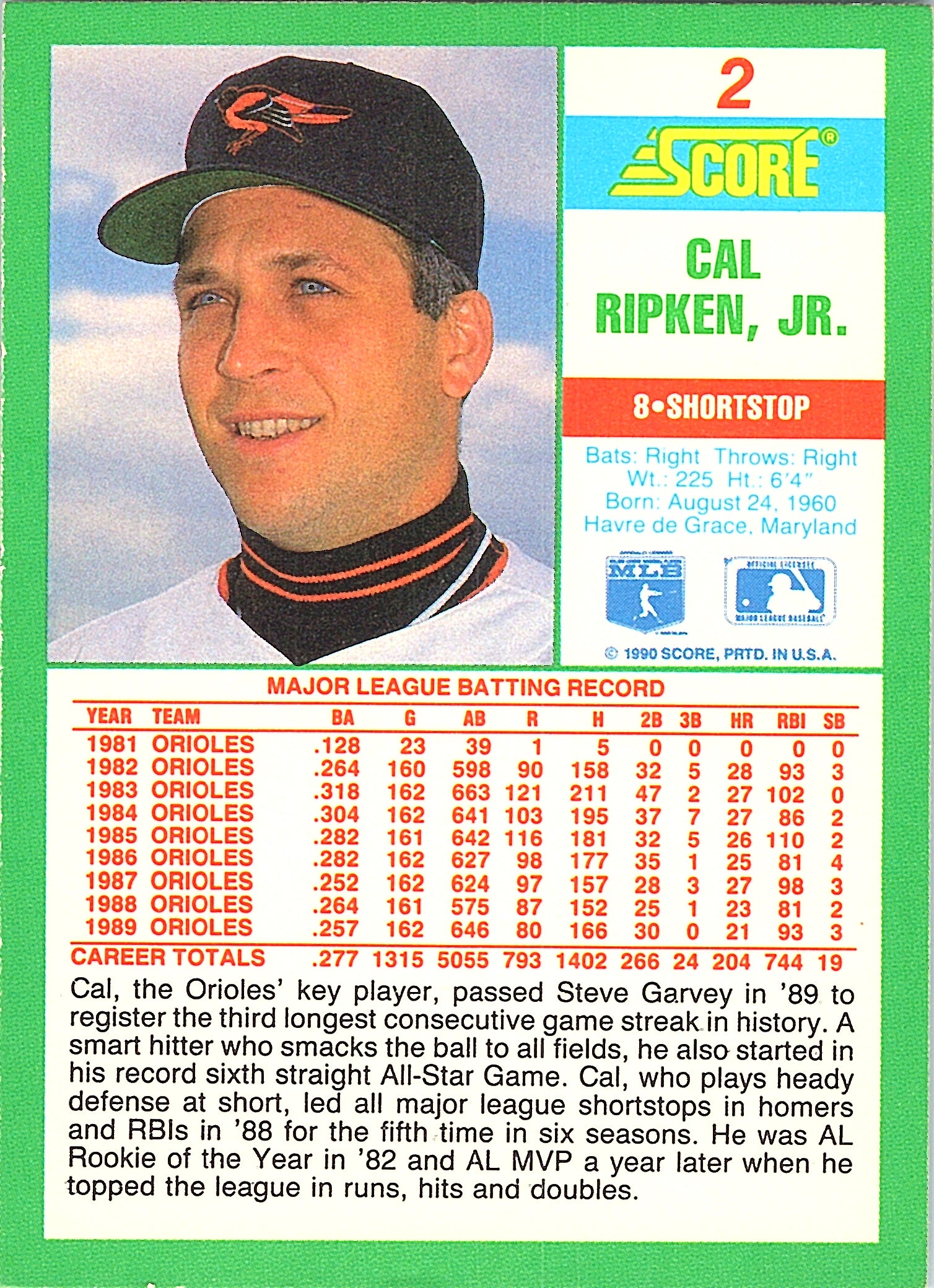 1990 Score Cal Ripken, Jr. #2 Baltimore Orioles Excellent
