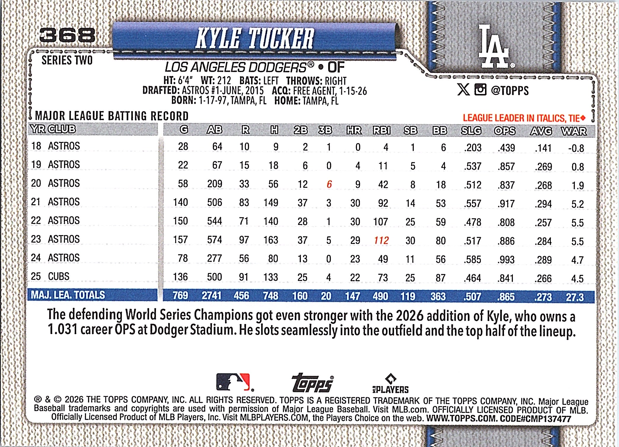 2026 Topps Kyle Tucker #368 Los Angeles Dodgers Near Mint or Better