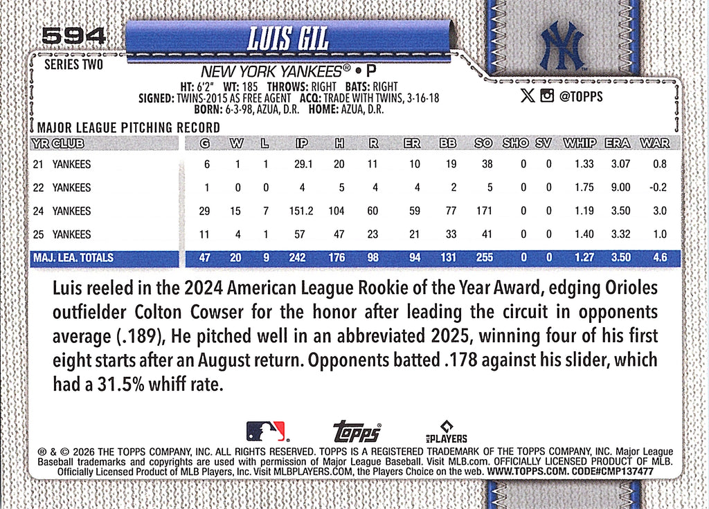 2026 Topps Luis Gil #594 New York Yankees Near Mint or Better