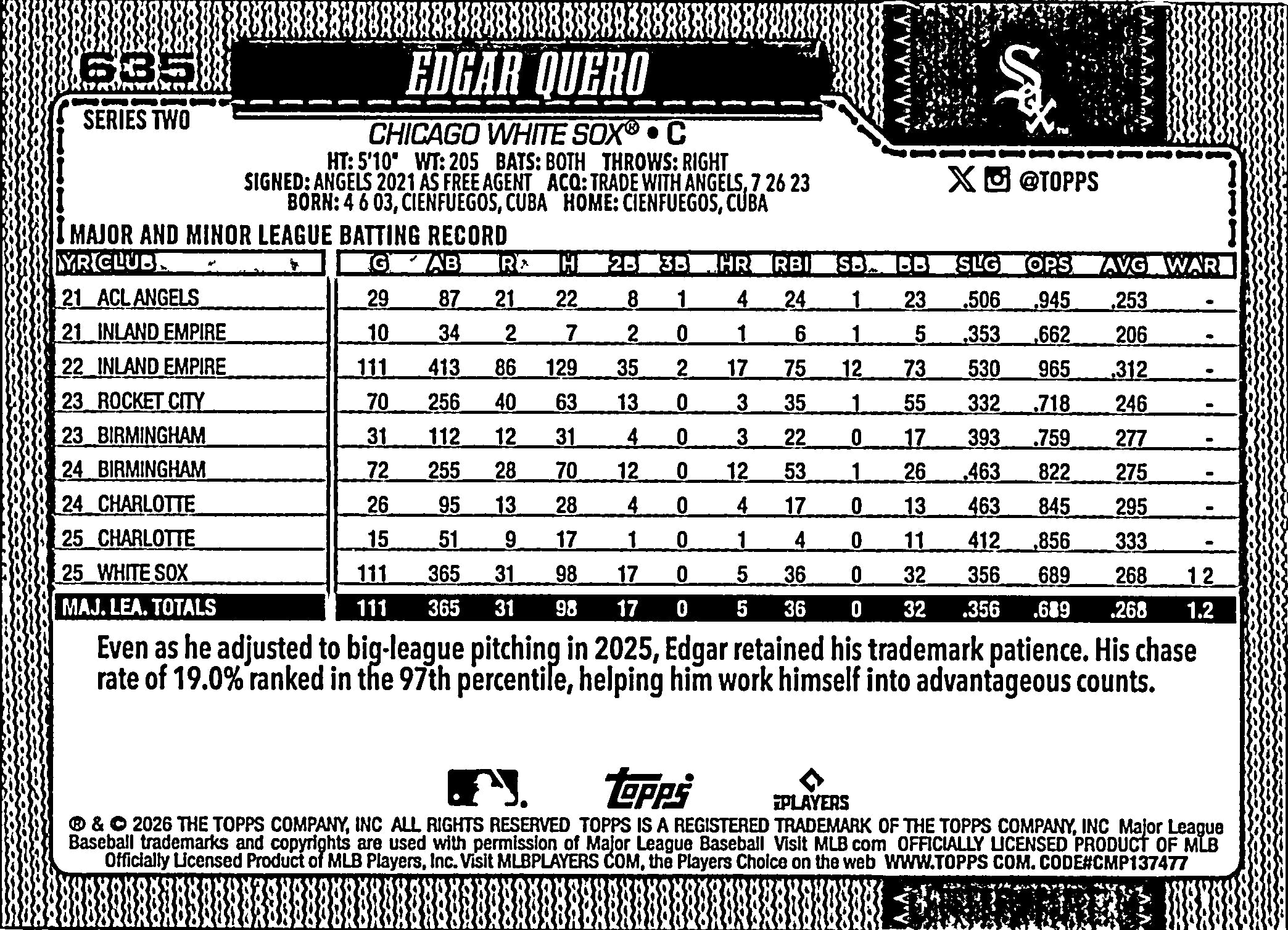 2026 Topps Edgar Quero #635 Chicago White Sox Near Mint or Better