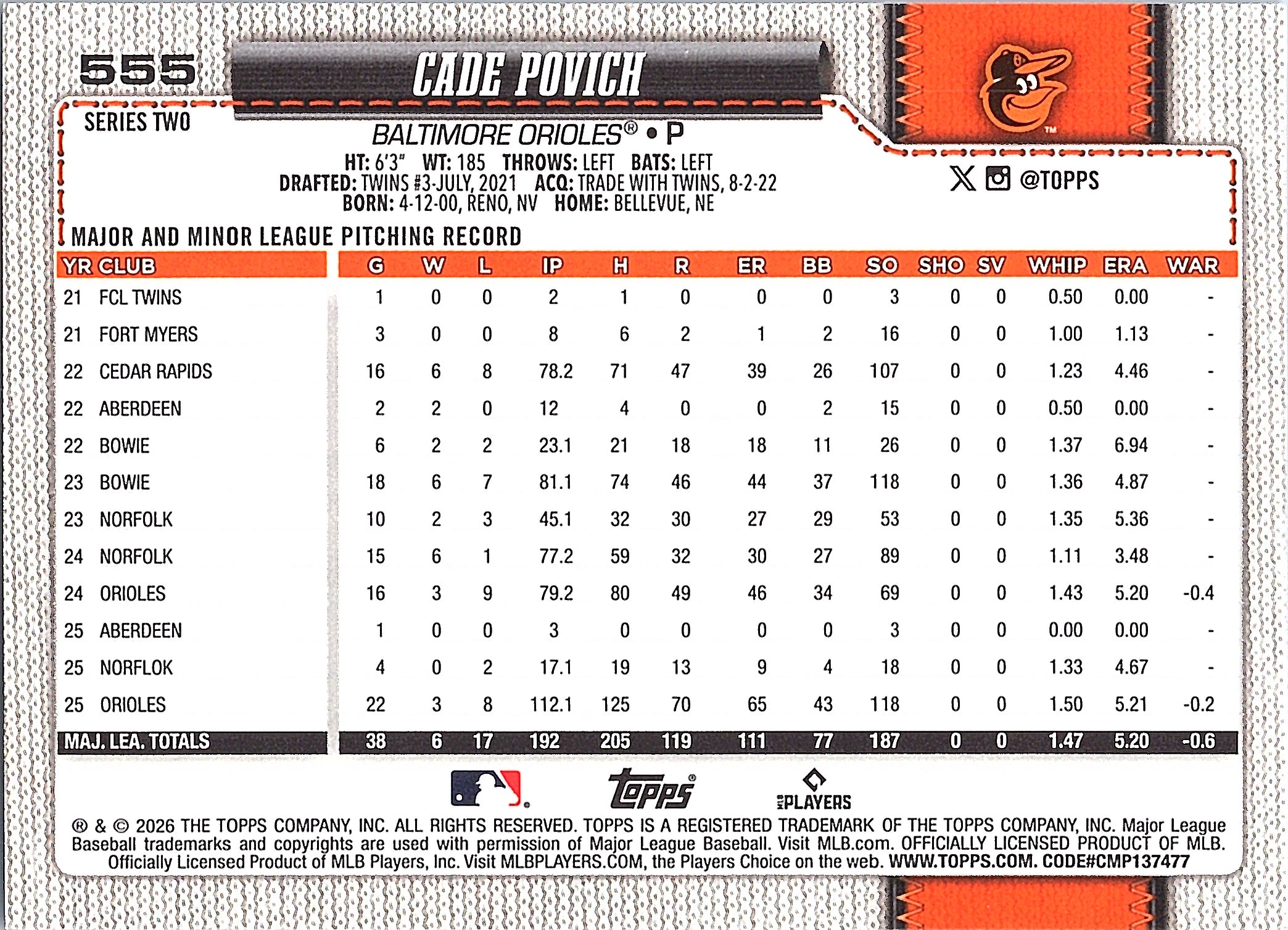 2026 Topps Cade Povich #555 Gold Baltimore Orioles Near Mint or Better