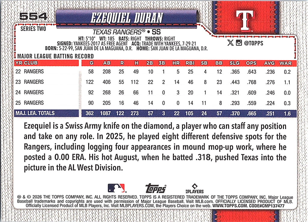 2026 Topps Ezequiel Duran #554 Gold Texas Rangers Near Mint or Better