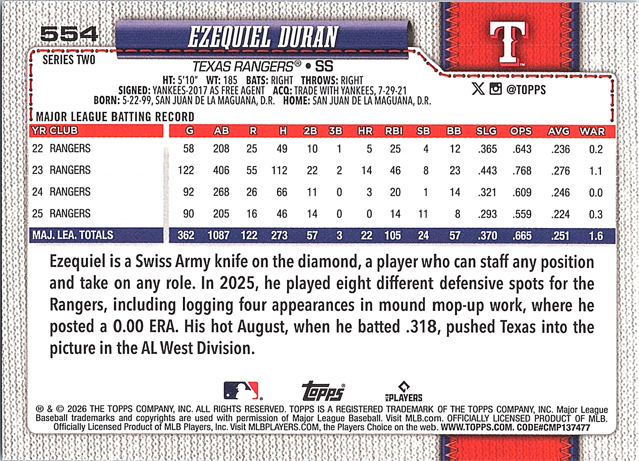 2026 Topps Ezequiel Duran #554 Gold Texas Rangers Near Mint or Better