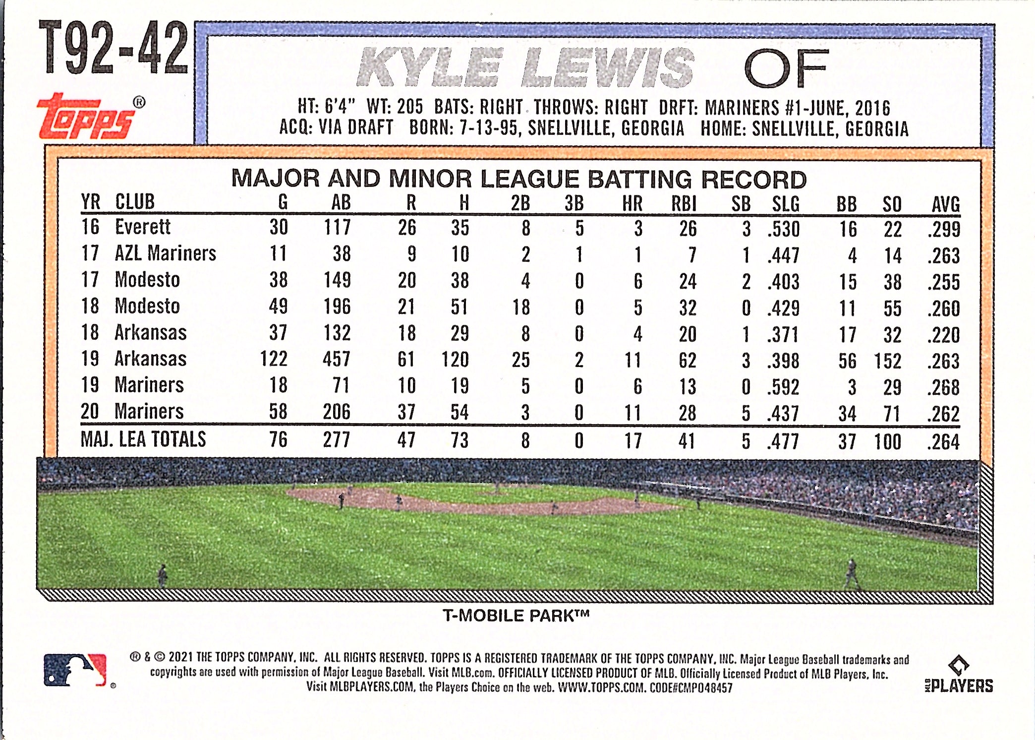 2021 Topps Update Kyle Lewis #TC92-42 1992 Topps Redux Chrome Mariners NM