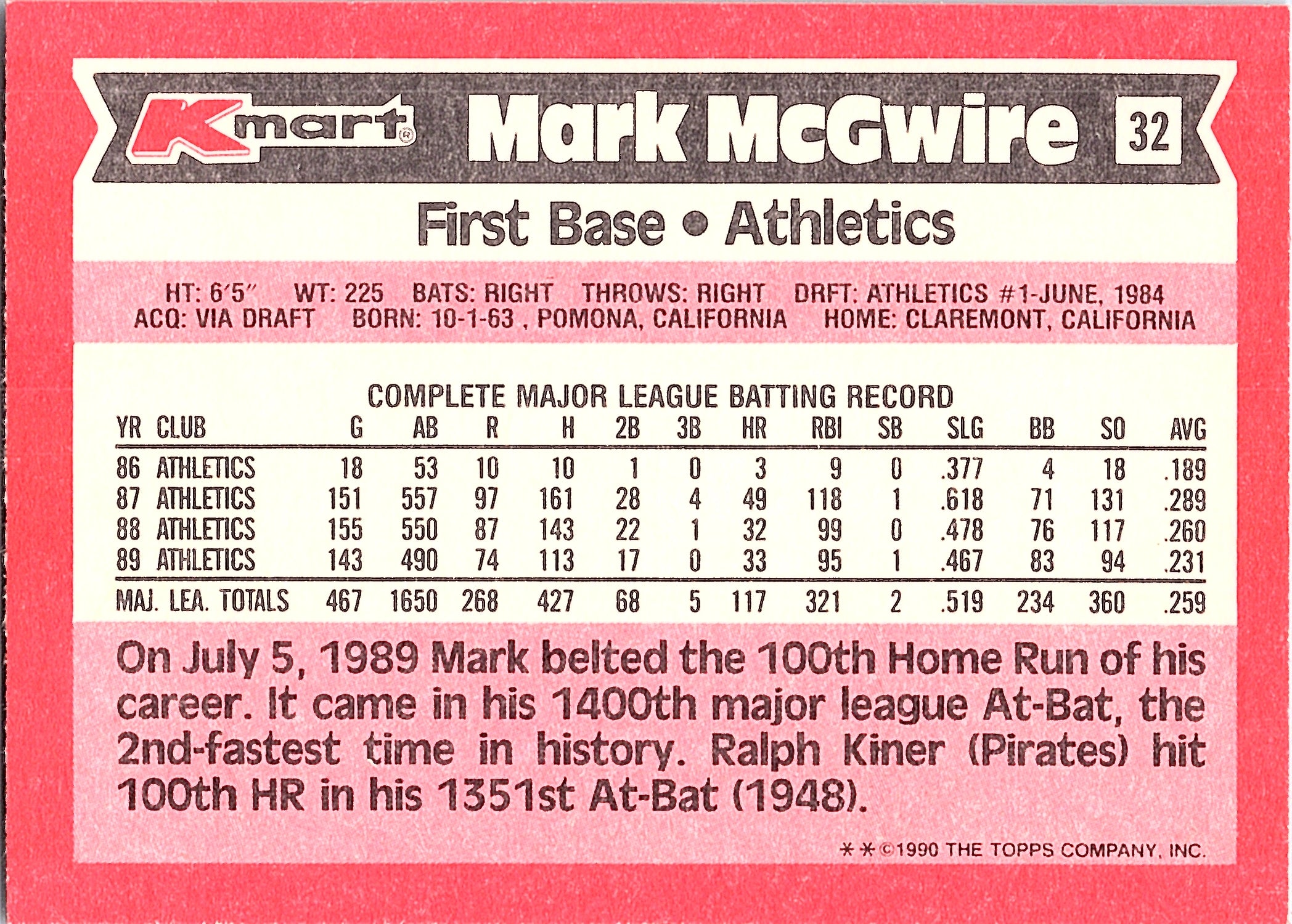 1990 Topps Kmart Super Stars Mark McGwire #32 Oakland Athletics Excellent
