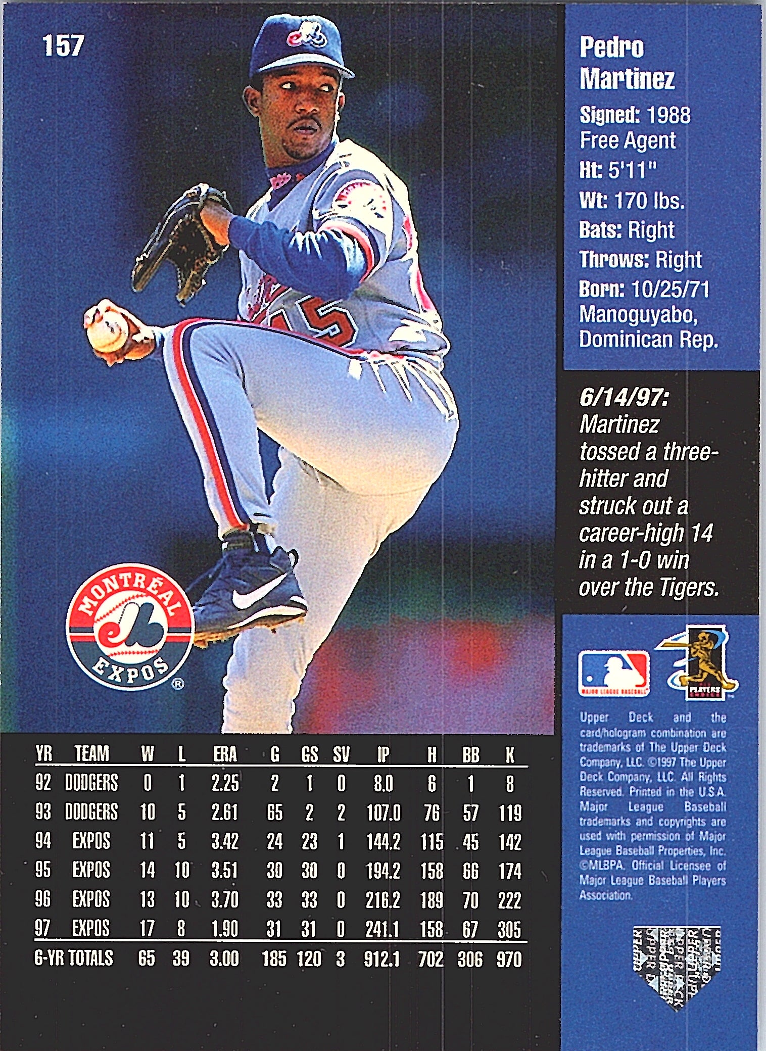 1998 Upper Deck Pedro Martinez #157 Montreal Expos Excellent