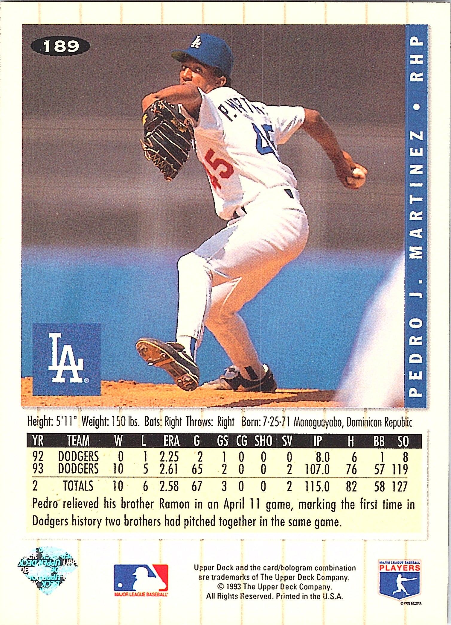 1994 Collector's Choice Pedro J. Martinez #189 Los Angeles Dodgers Excellent