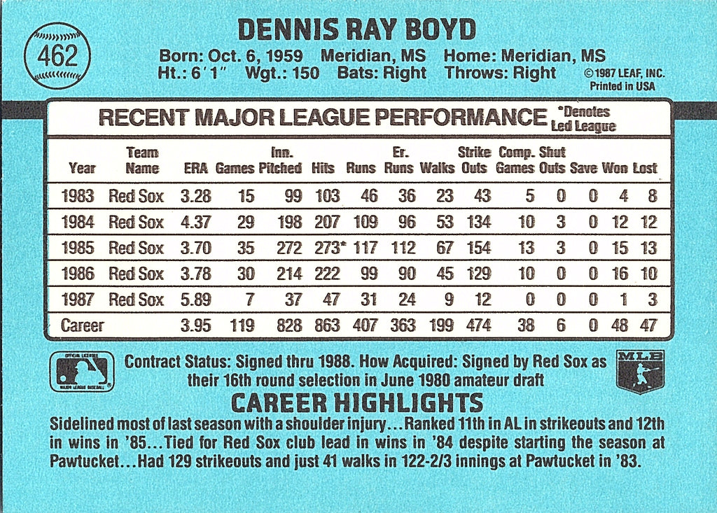 1988 Donruss Oil Can Boyd #462c Boston Red Sox Excellent