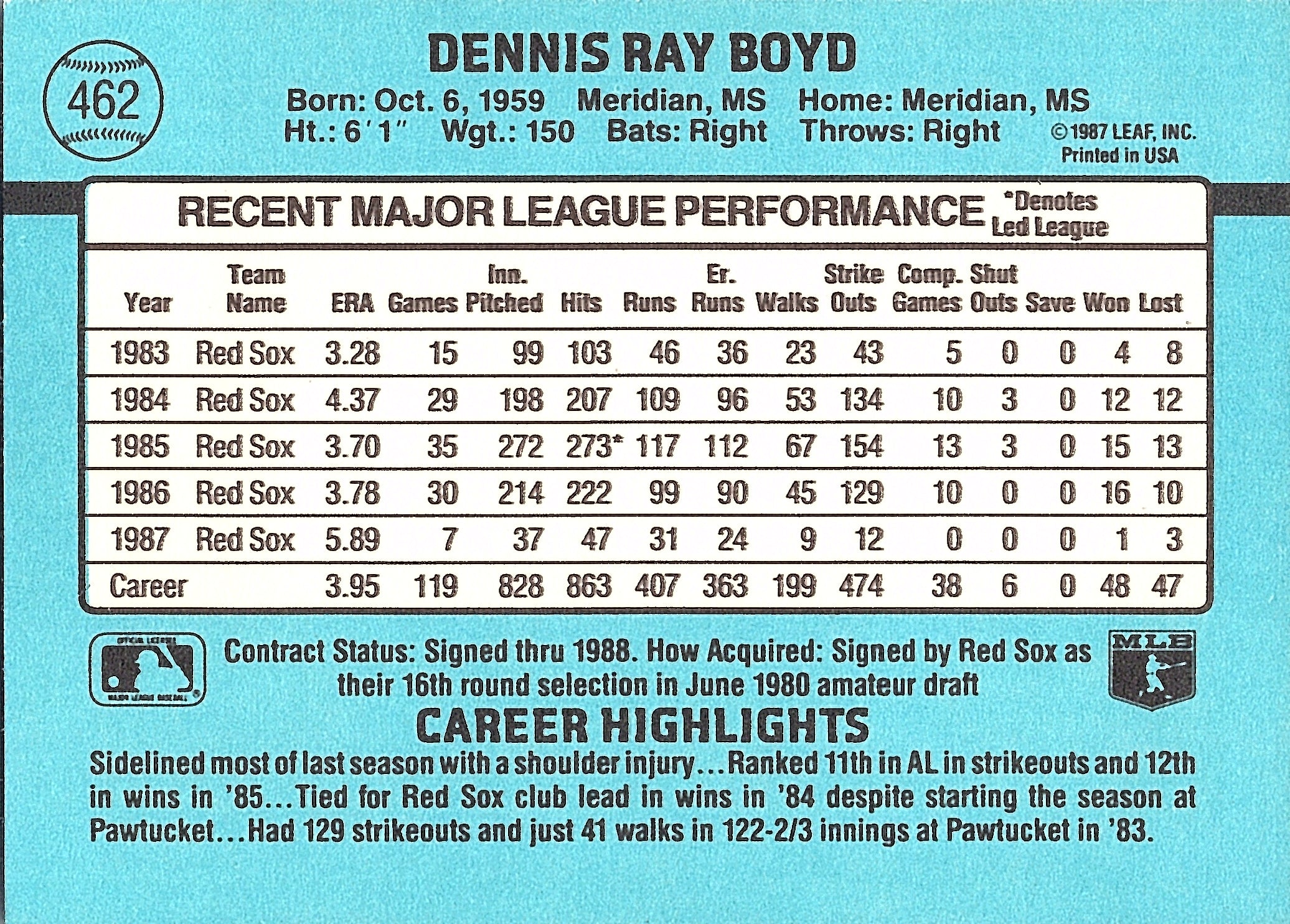 1988 Donruss Oil Can Boyd #462c Boston Red Sox Excellent