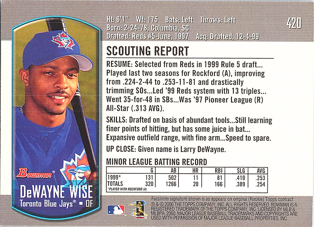 2000 Bowman DeWayne Wise #420 Toronto Blue Jays Excellent
