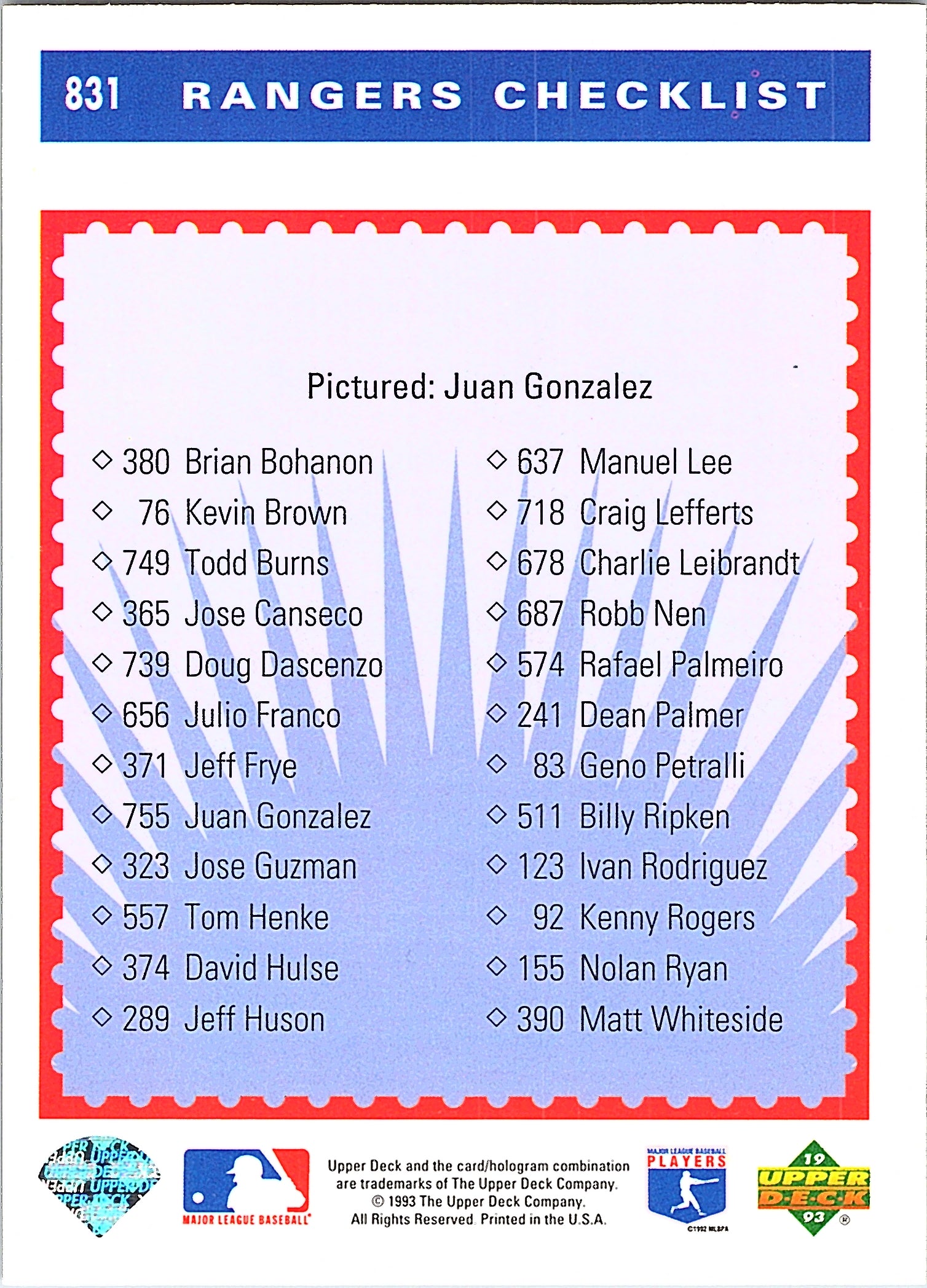 1993 Upper Deck Juan Gonzalez #831 Gold Hologram Texas Rangers Excellent