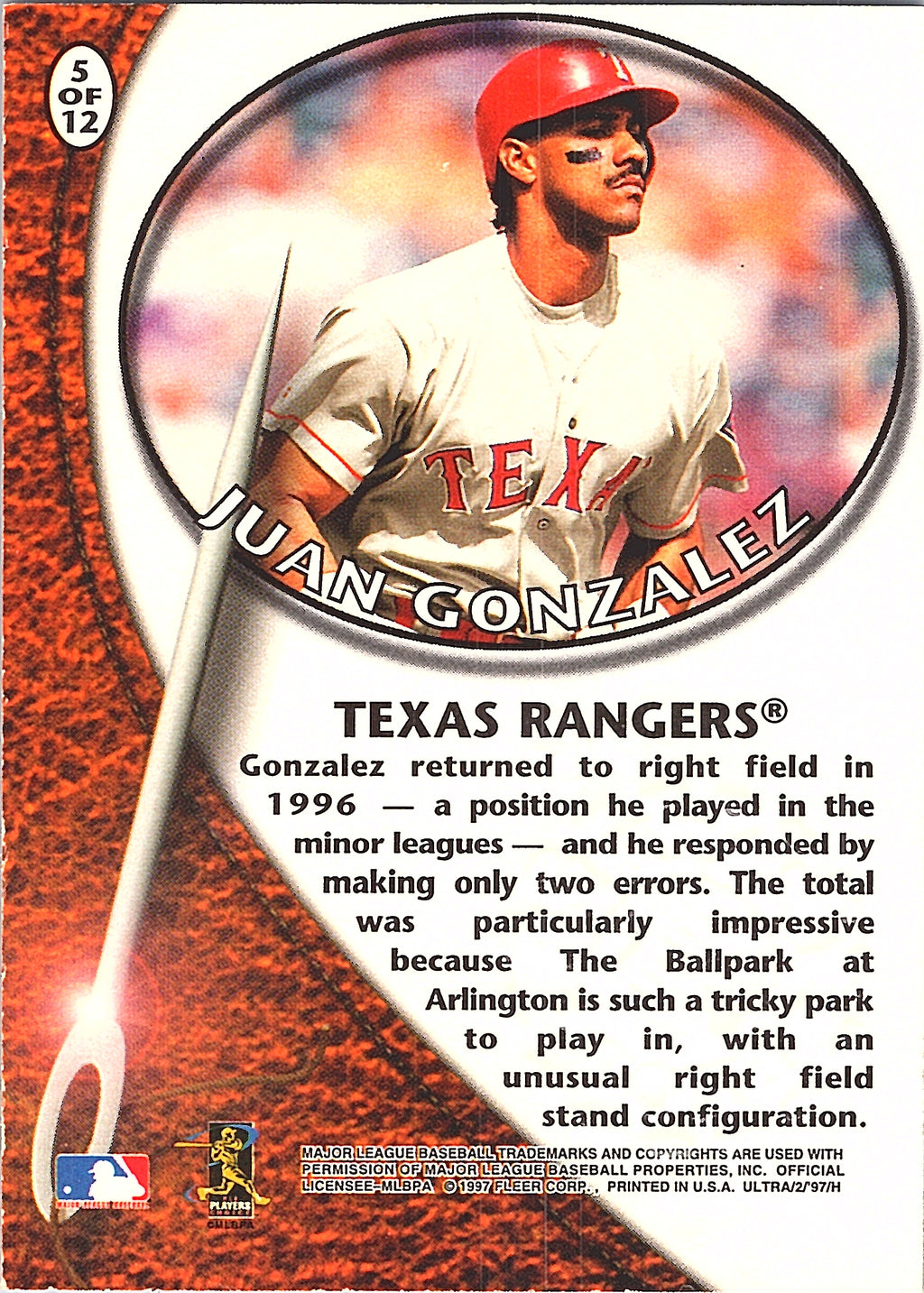 1997 Ultra Juan Gonzalez #5 Leather Shop Texas Rangers Excellent