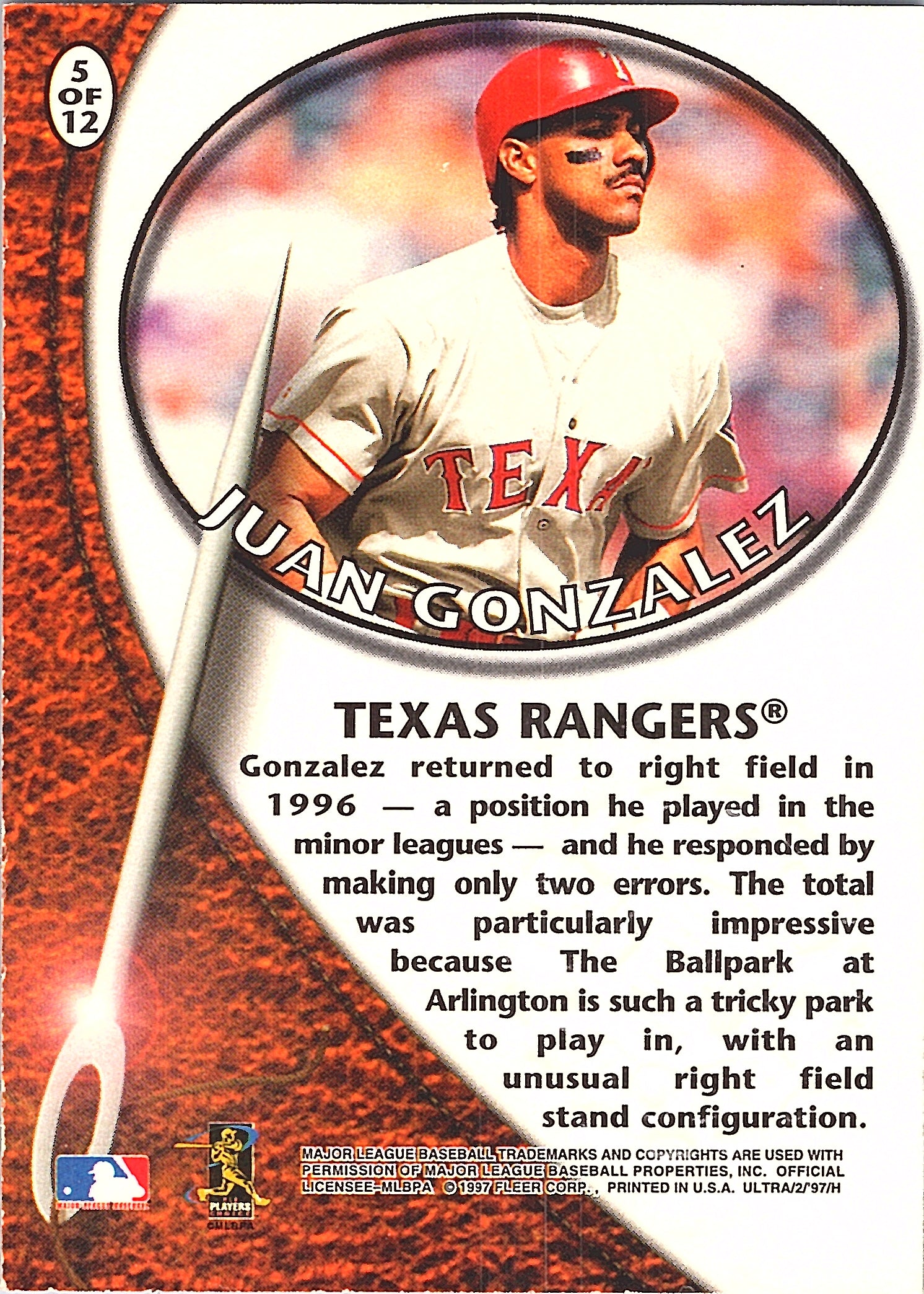 1997 Ultra Juan Gonzalez #5 Leather Shop Texas Rangers Excellent