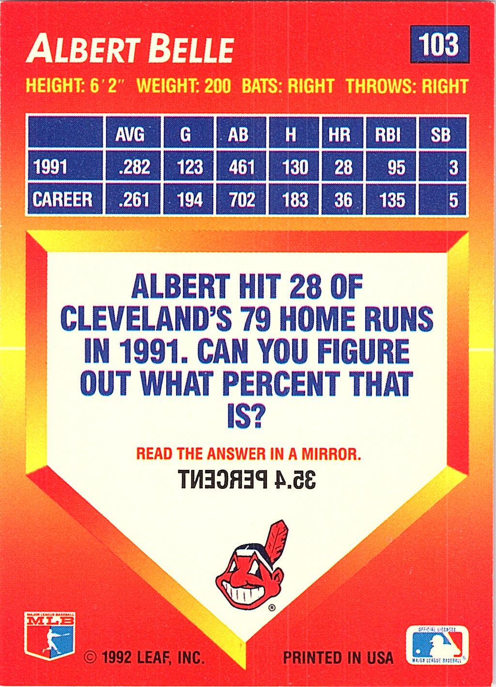 1992 Triple Play Albert Belle #103 Cleveland Indians Excellent