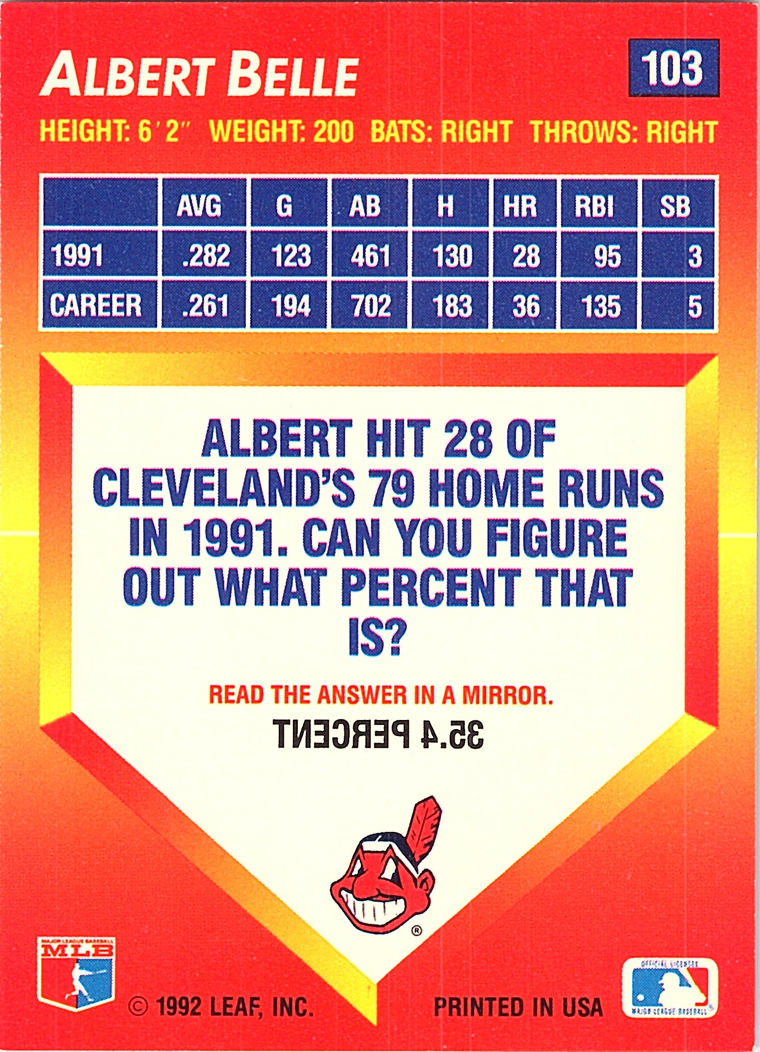 1992 Triple Play Albert Belle #103 Cleveland Indians Excellent