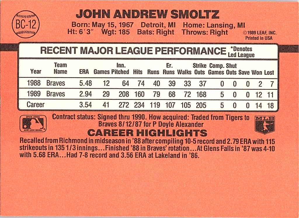 1990 Donruss John Smoltz #BC-12 Bonus MVP's Atlanta Braves Excellent