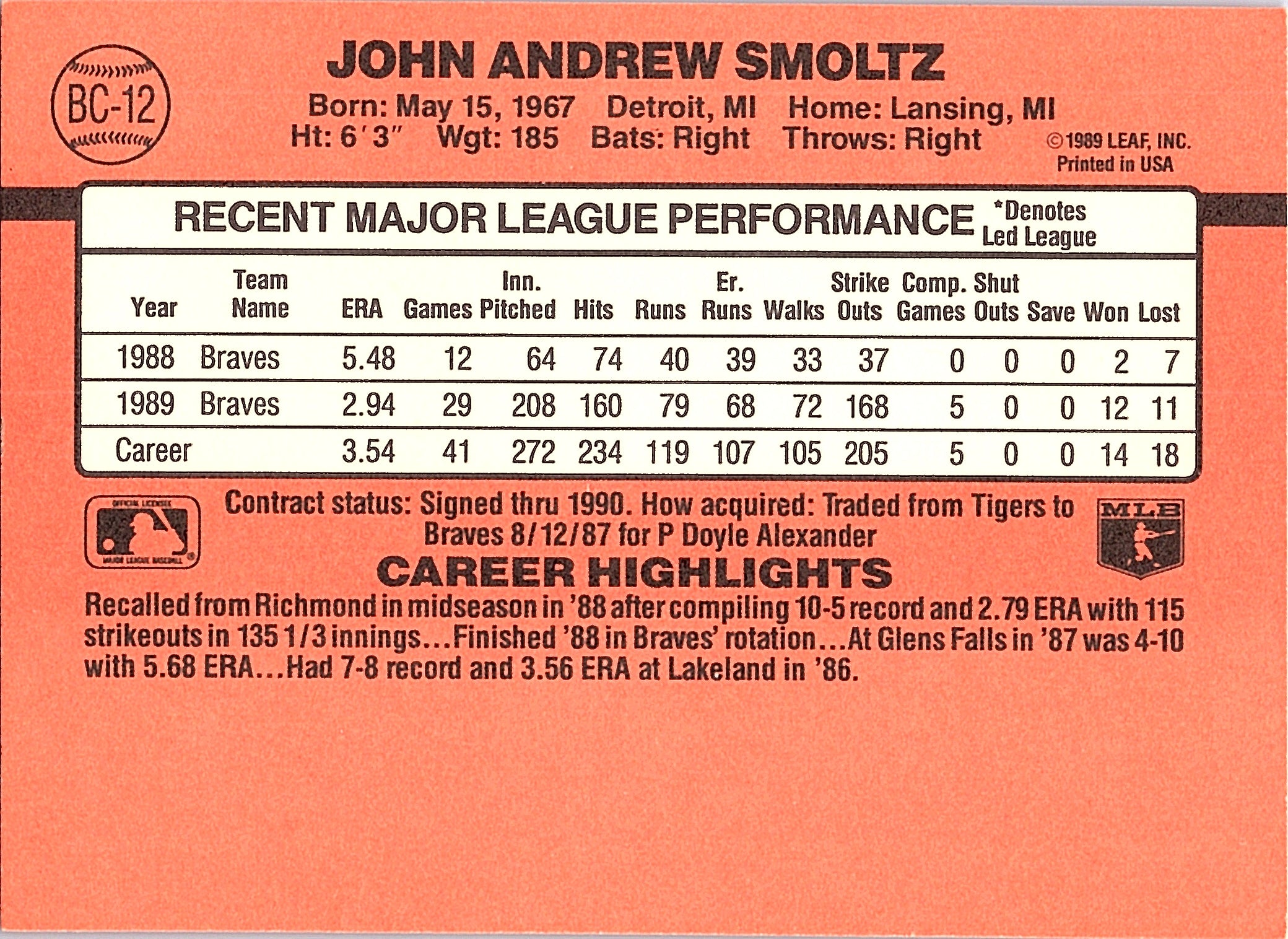 1990 Donruss John Smoltz #BC-12 Bonus MVP's Atlanta Braves Excellent