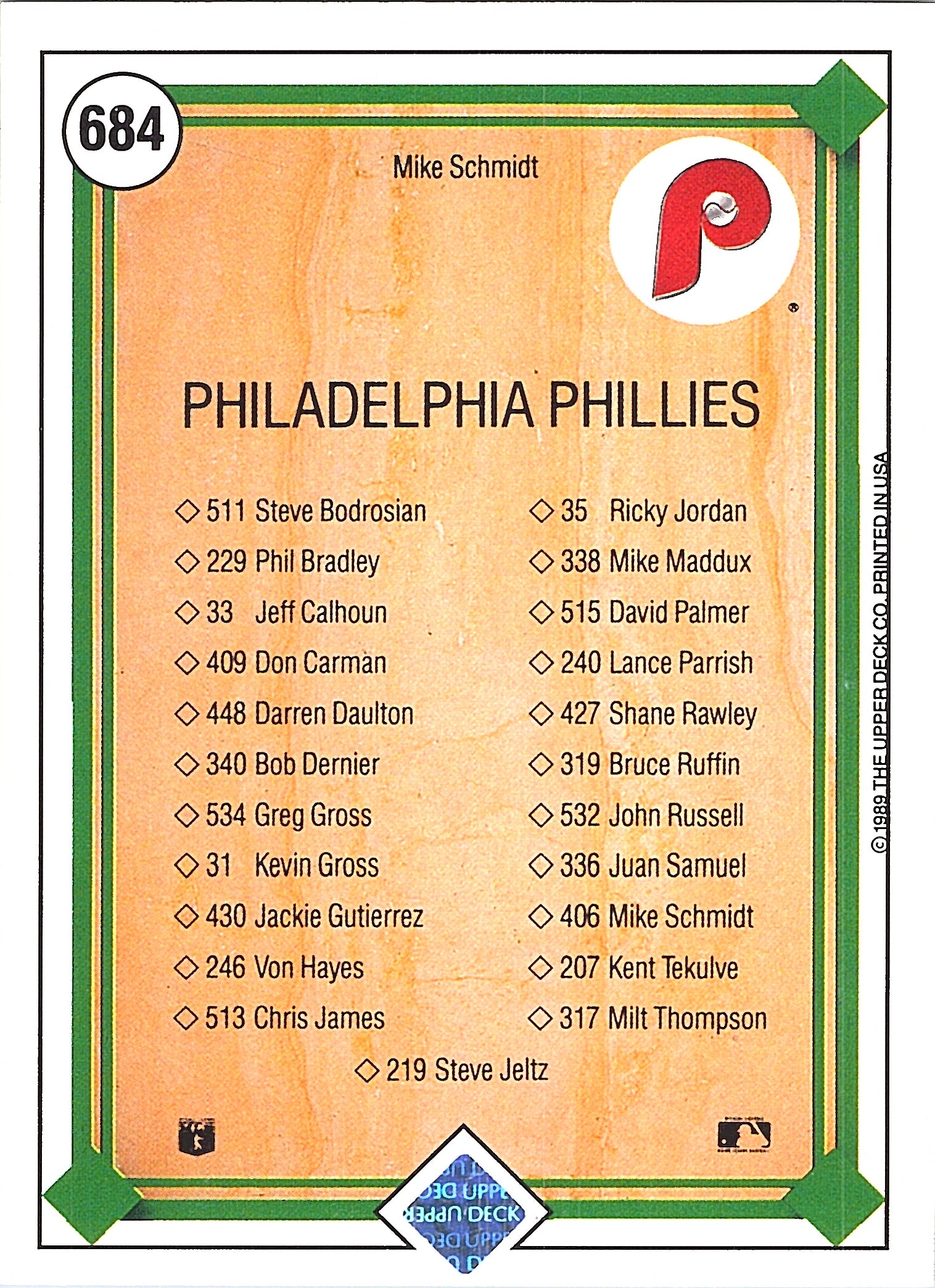 1989 Upper Deck Mike Schmidt #684 Philadelphia Phillies Excellent
