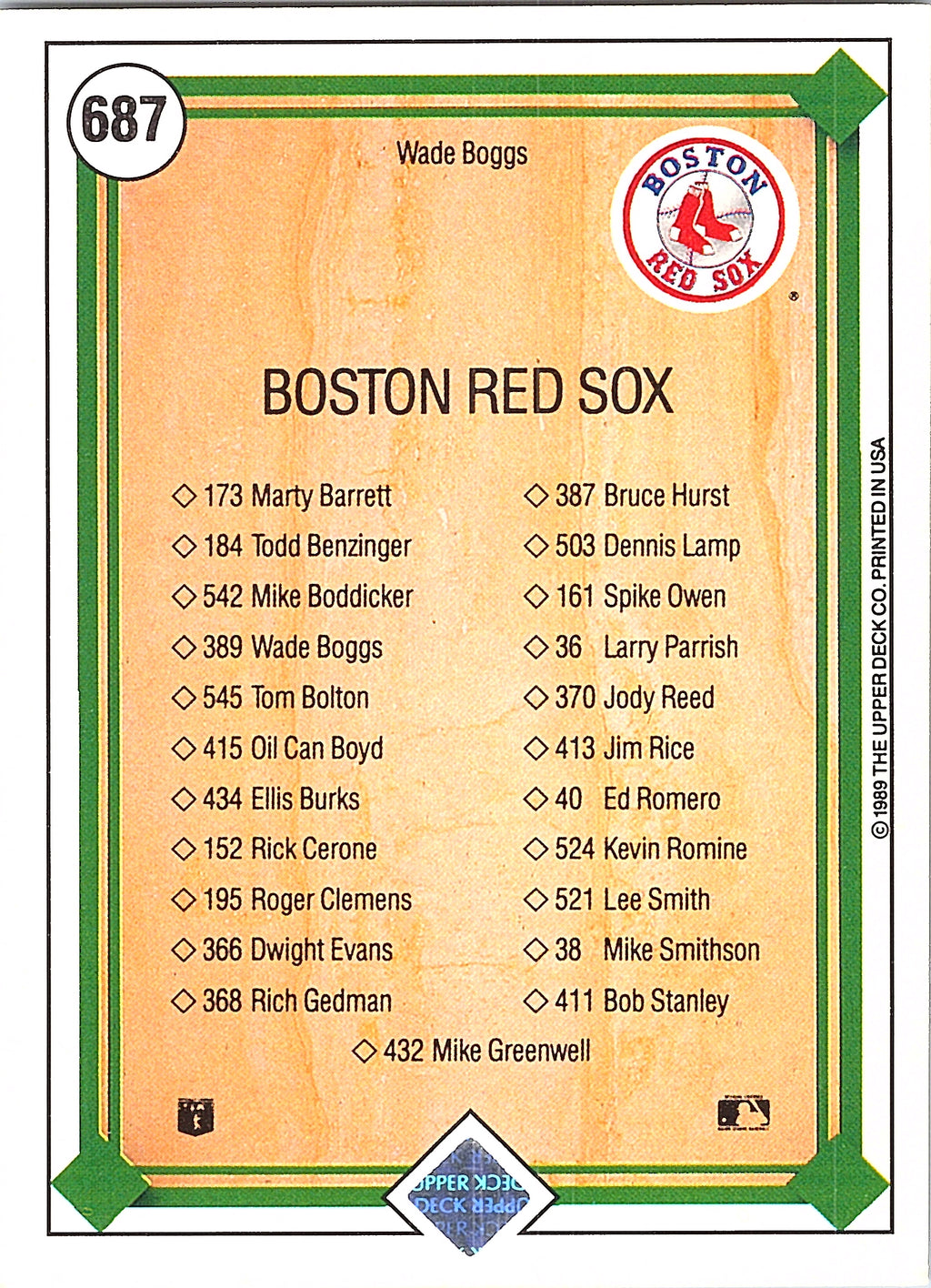 1989 Upper Deck Wade Boggs #687 Boston Red Sox Excellent