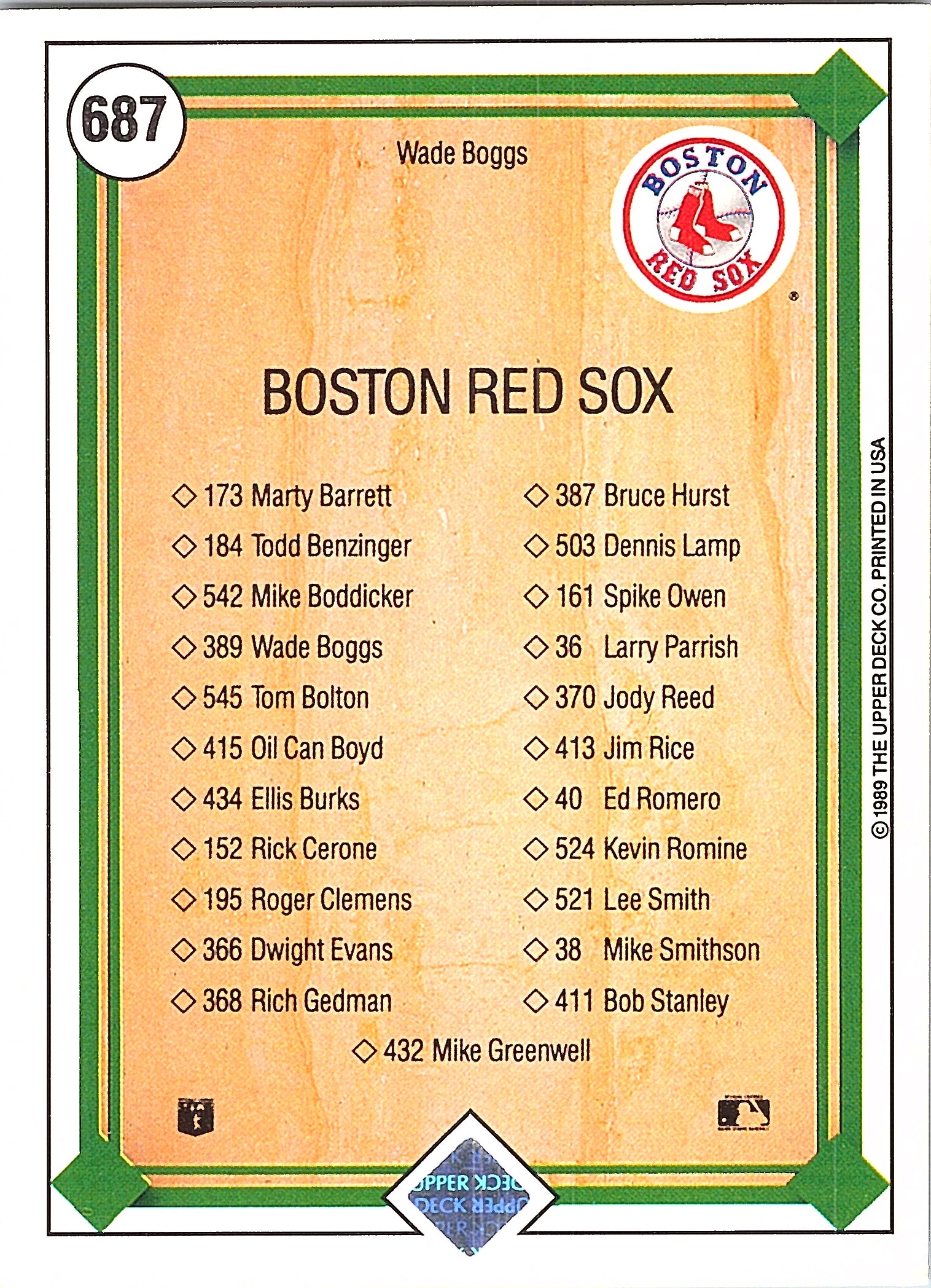1989 Upper Deck Wade Boggs #687 Boston Red Sox Excellent