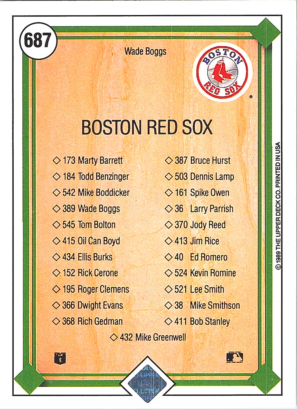 1989 Upper Deck Wade Boggs #687 Boston Red Sox Excellent
