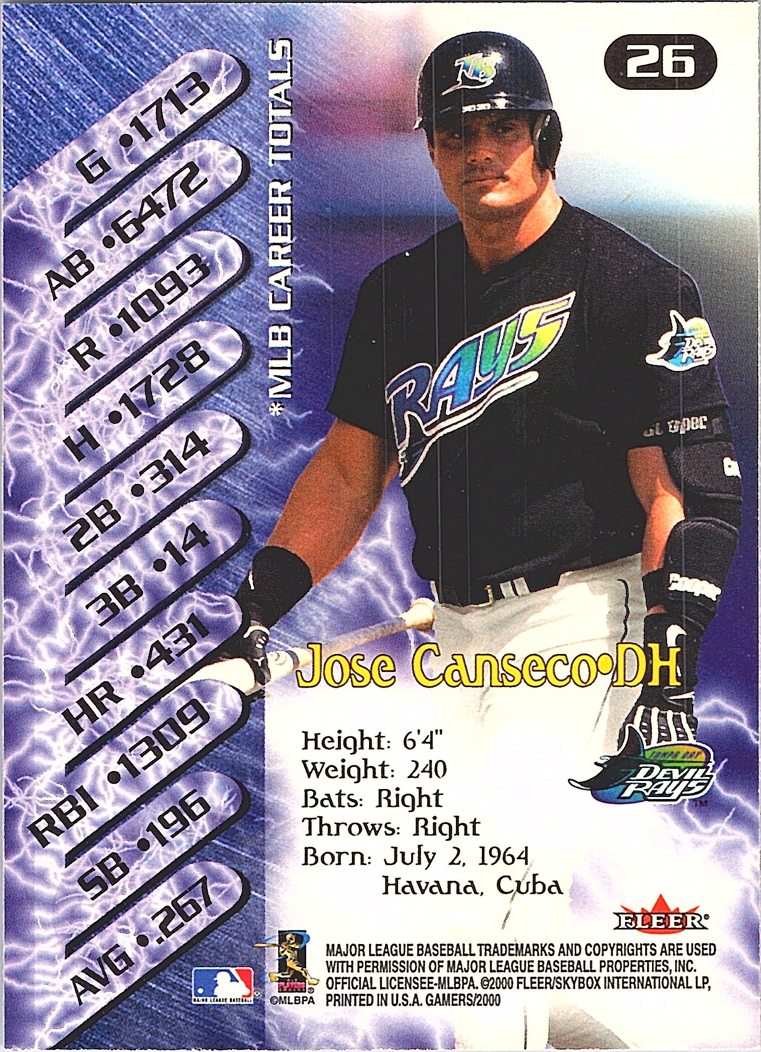 2000 Fleer Gamers Jose Canseco #26 Tampa Bay Devil Rays Excellent