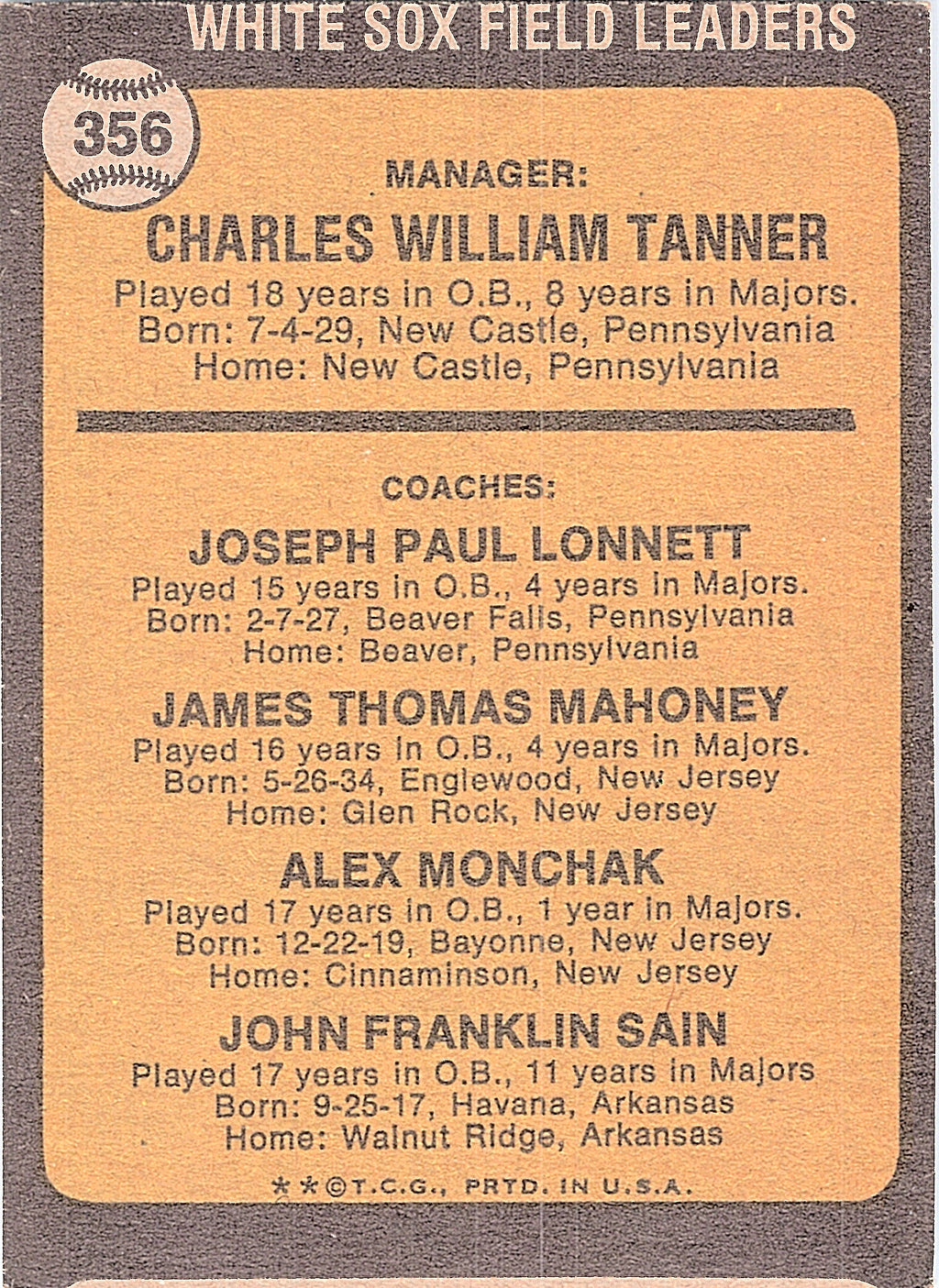 1973 Topps White Sox Field Leaders  #356 Chicago White Sox Excellent