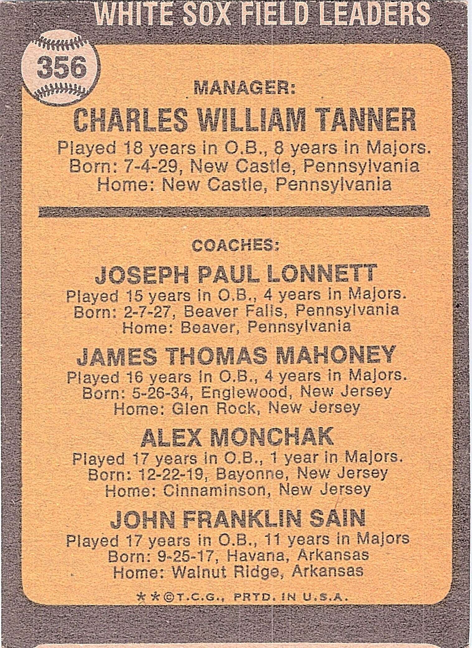 1973 Topps White Sox Field Leaders  #356 Chicago White Sox Excellent
