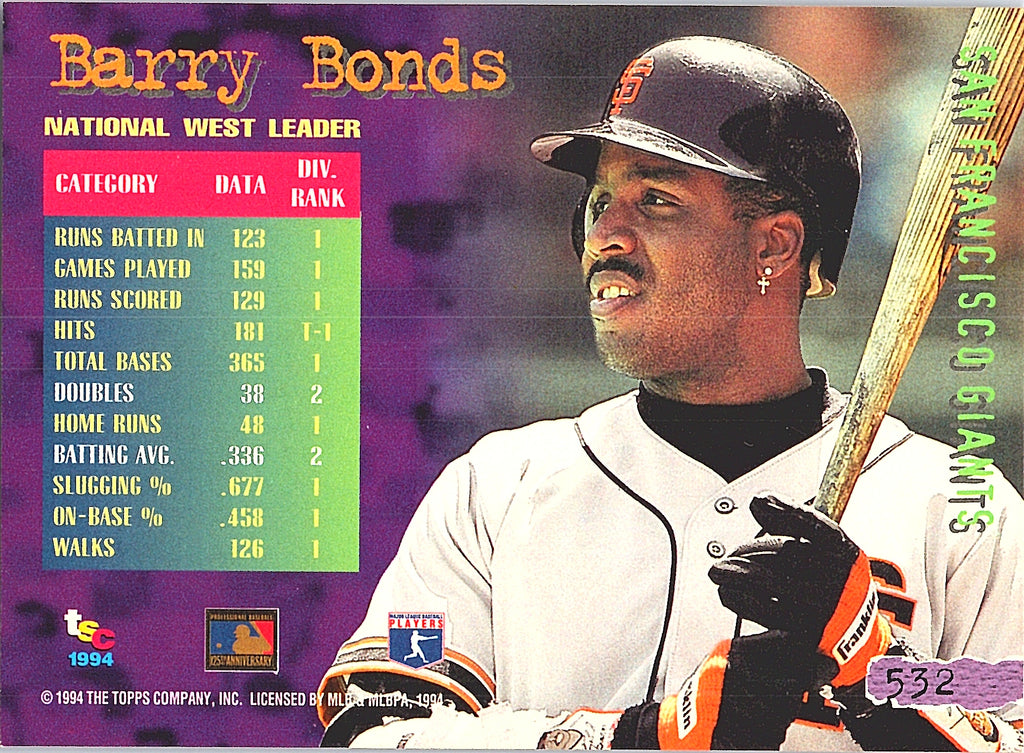 1994 Stadium Club Barry Bonds #532 San Francisco Giants Excellent