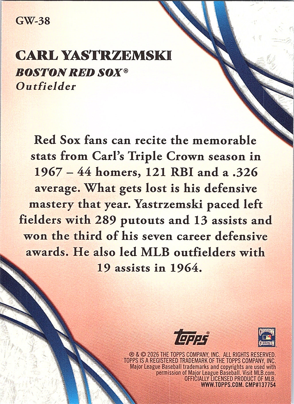 2026 Topps Carl Yastrzemski #GW-38 Glove Work Boston Red Sox Near Mint or Better