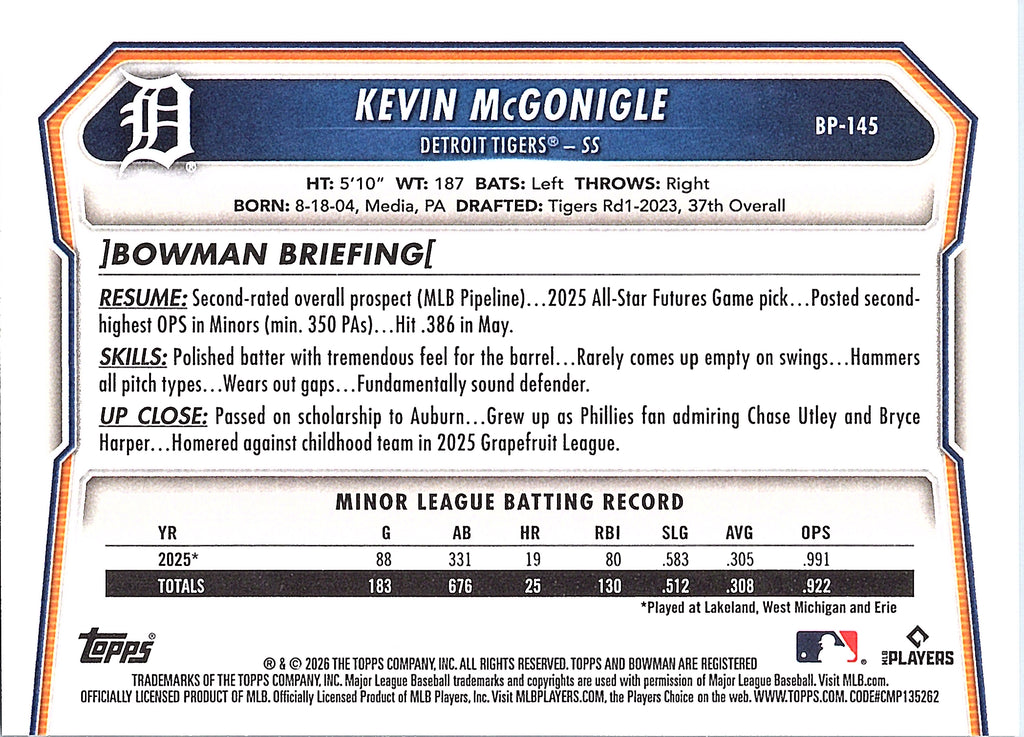 2026 Bowman Kevin McGonigle #BP-145 Prospects Detroit Tigers Near Mint or Better