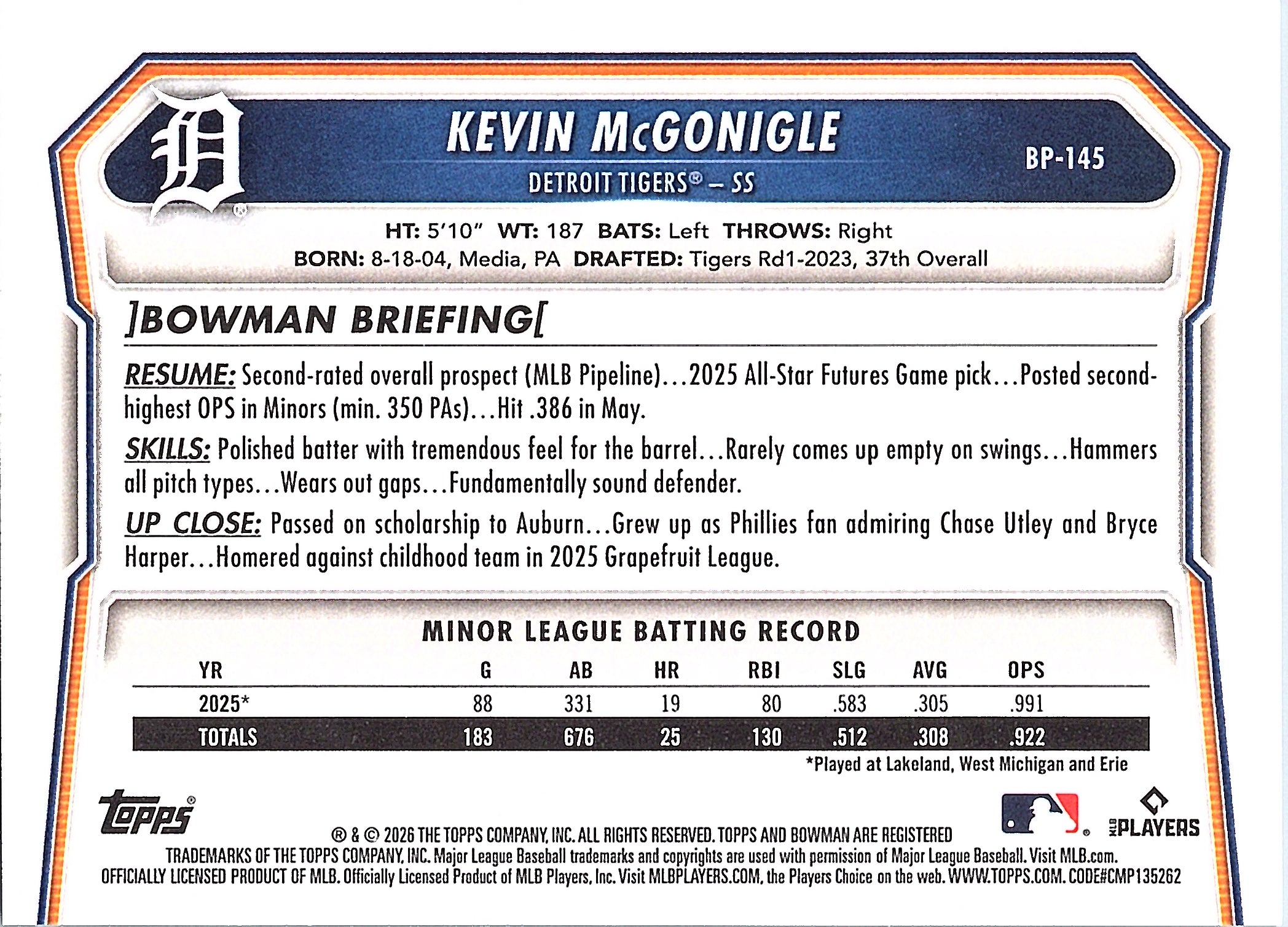 2026 Bowman Kevin McGonigle #BP-145 Prospects Detroit Tigers Near Mint or Better