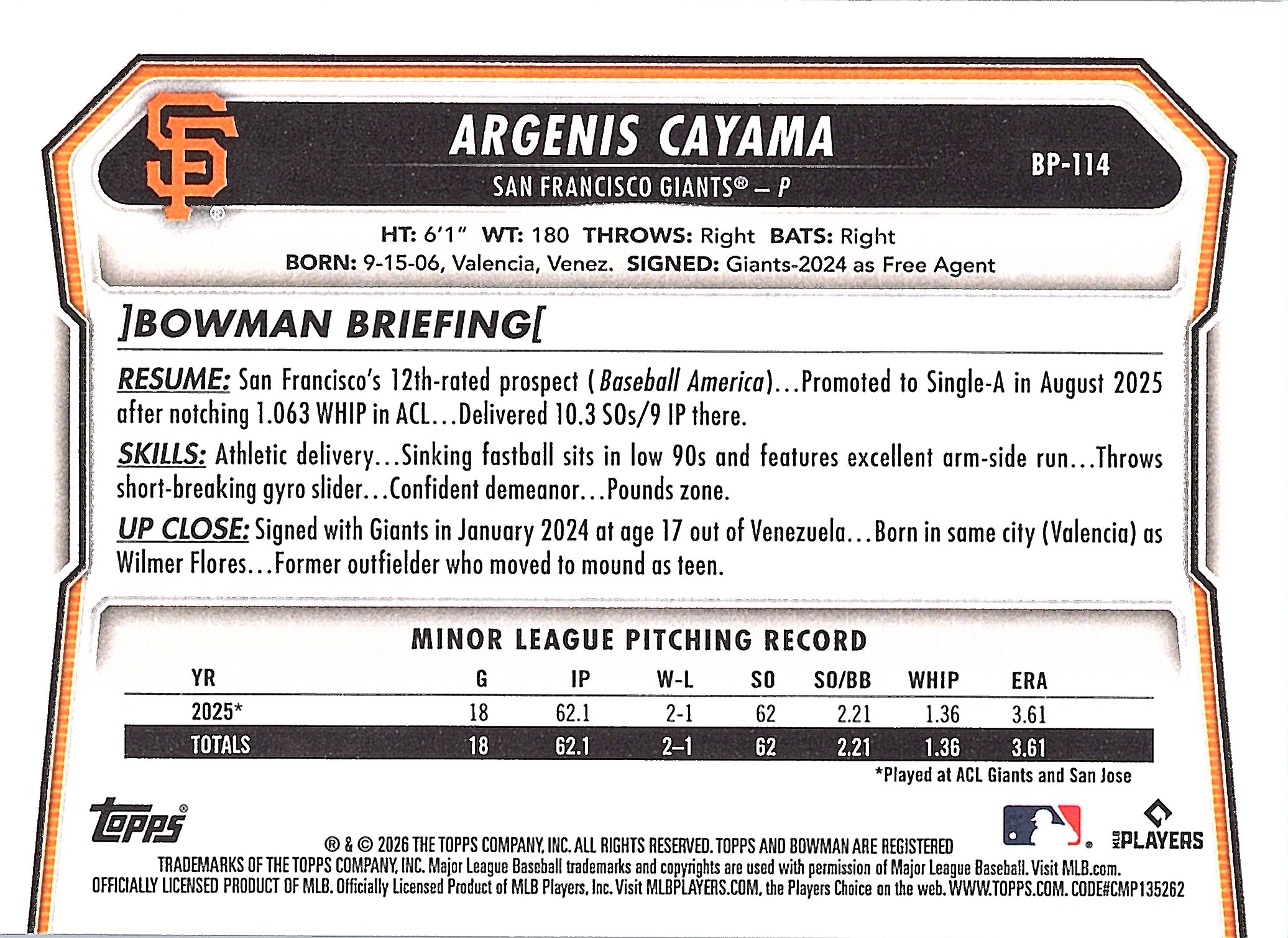 2026 Bowman Argenis Cayama #BP-114 Prospects San Francisco Giants Near Mint