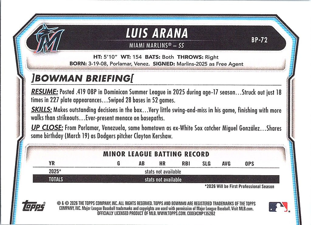 2026 Bowman Luis Arana #BP-72 Prospects Miami Marlins Near Mint or Better