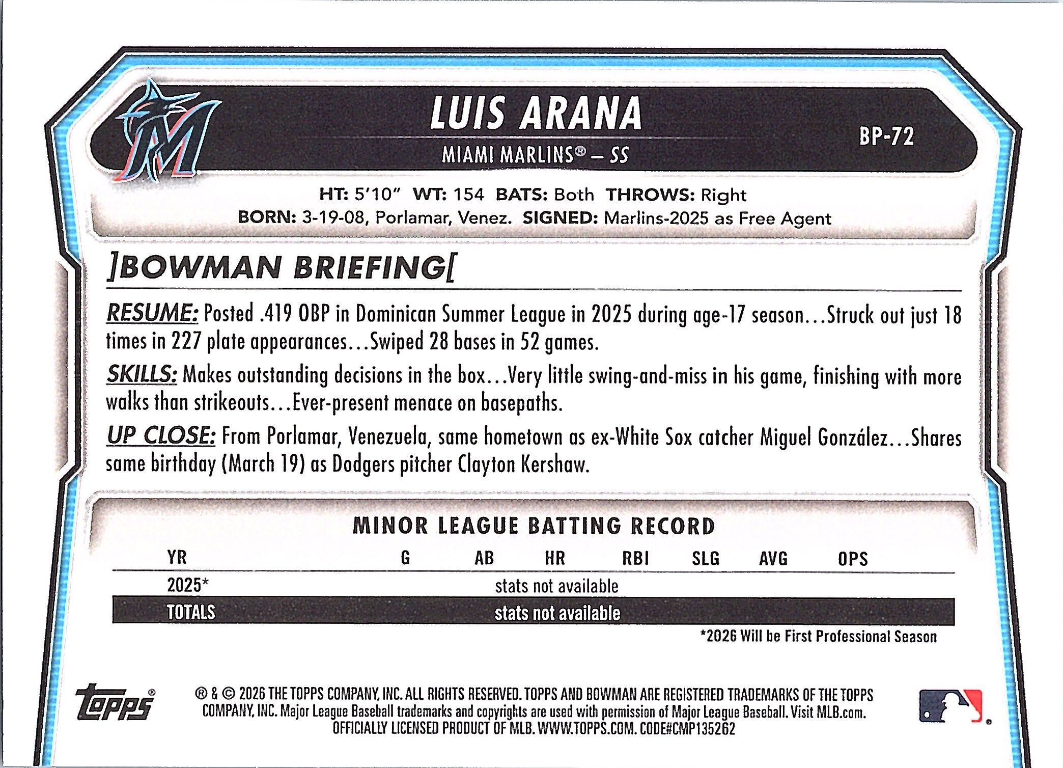 2026 Bowman Luis Arana #BP-72 Prospects Miami Marlins Near Mint or Better