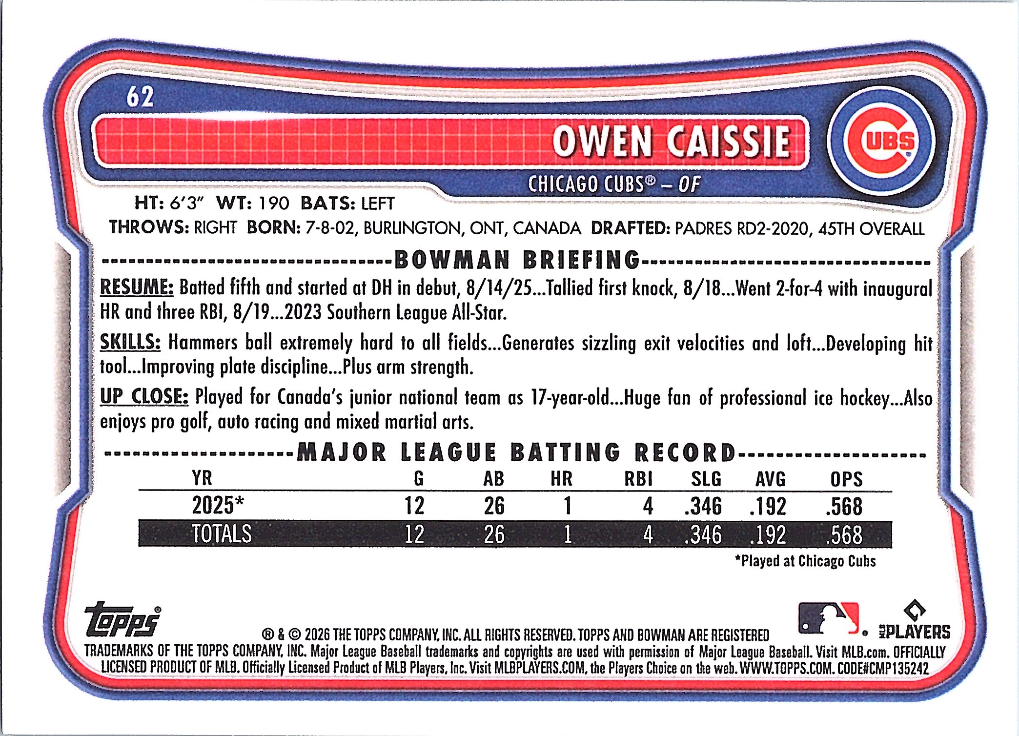 2026 Bowman Owen Caissie #62 Chicago Cubs Near Mint or Better