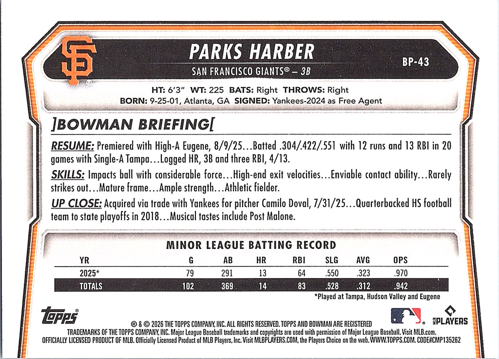 2026 Bowman Parks Harber #BP-43 Prospects San Francisco Giants Near Mint