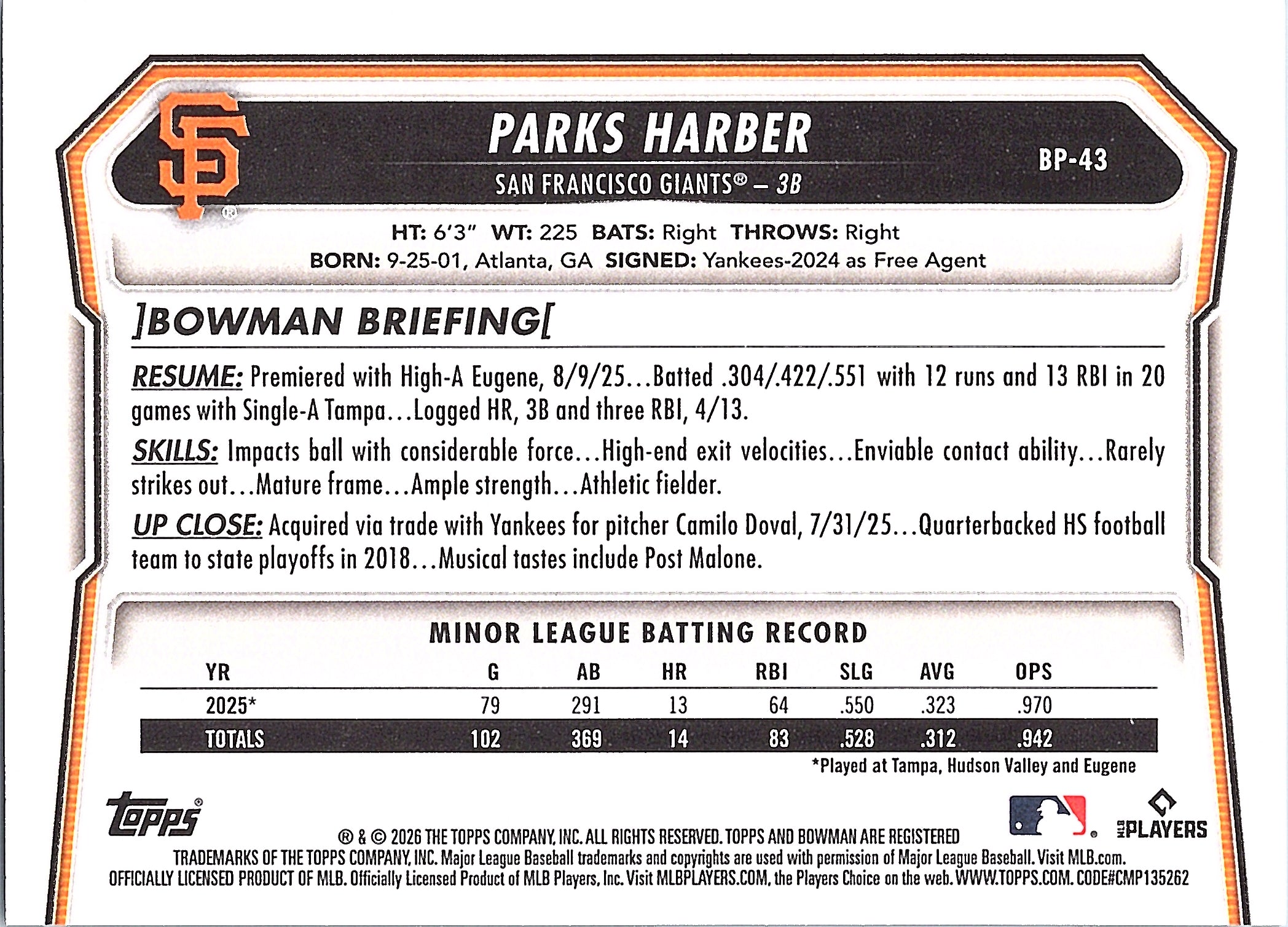 2026 Bowman Parks Harber #BP-43 Prospects San Francisco Giants Near Mint