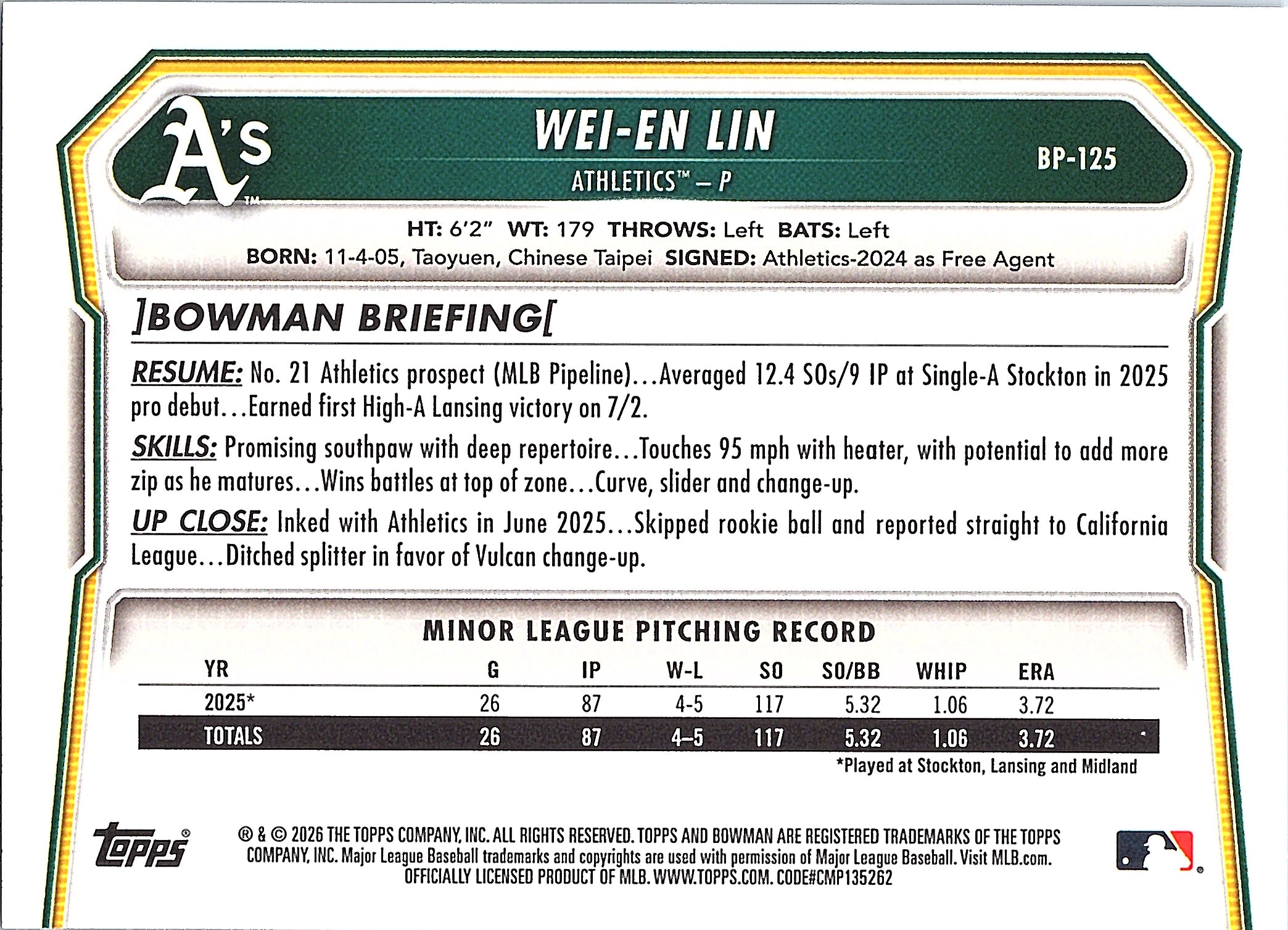 2026 Bowman Wei-En Lin #BP-125 Prospects Athletics Near Mint or Better