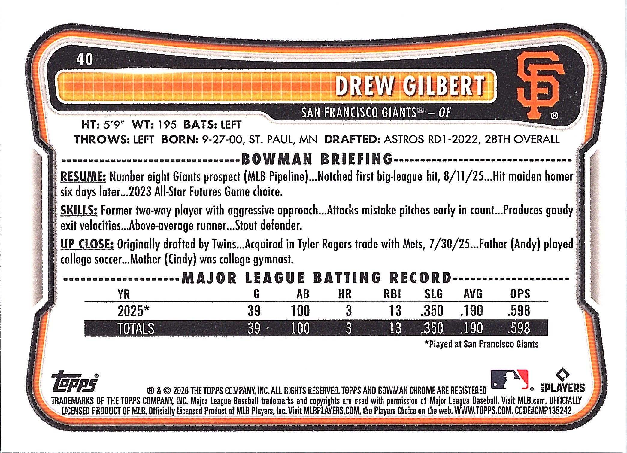 2026 Bowman Drew Gilbert #40 San Francisco Giants Near Mint or Better