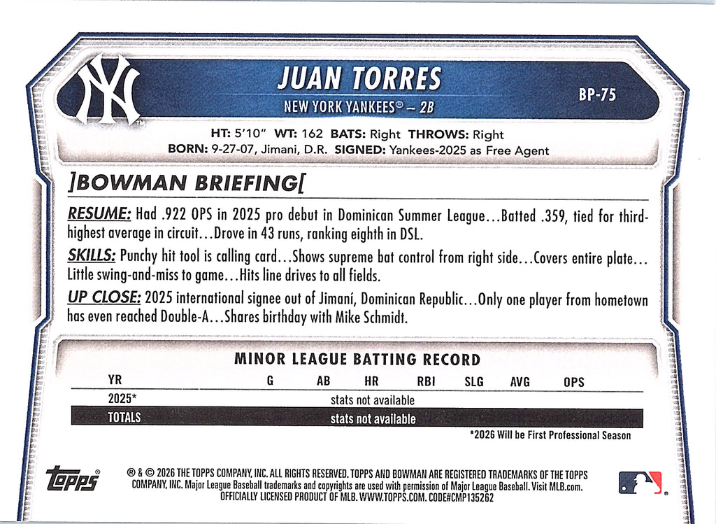 2026 Bowman Juan Torres #BP-75 Prospects New York Yankees Near Mint or Better