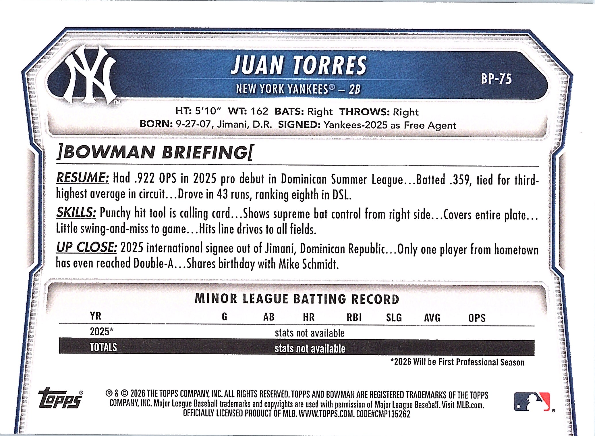2026 Bowman Juan Torres #BP-75 Prospects New York Yankees Near Mint or Better